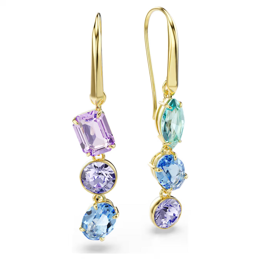 Gema drop earrings Asymmetrical design, Mixed cuts, Multicoloured, Gold-tone plated 5747917