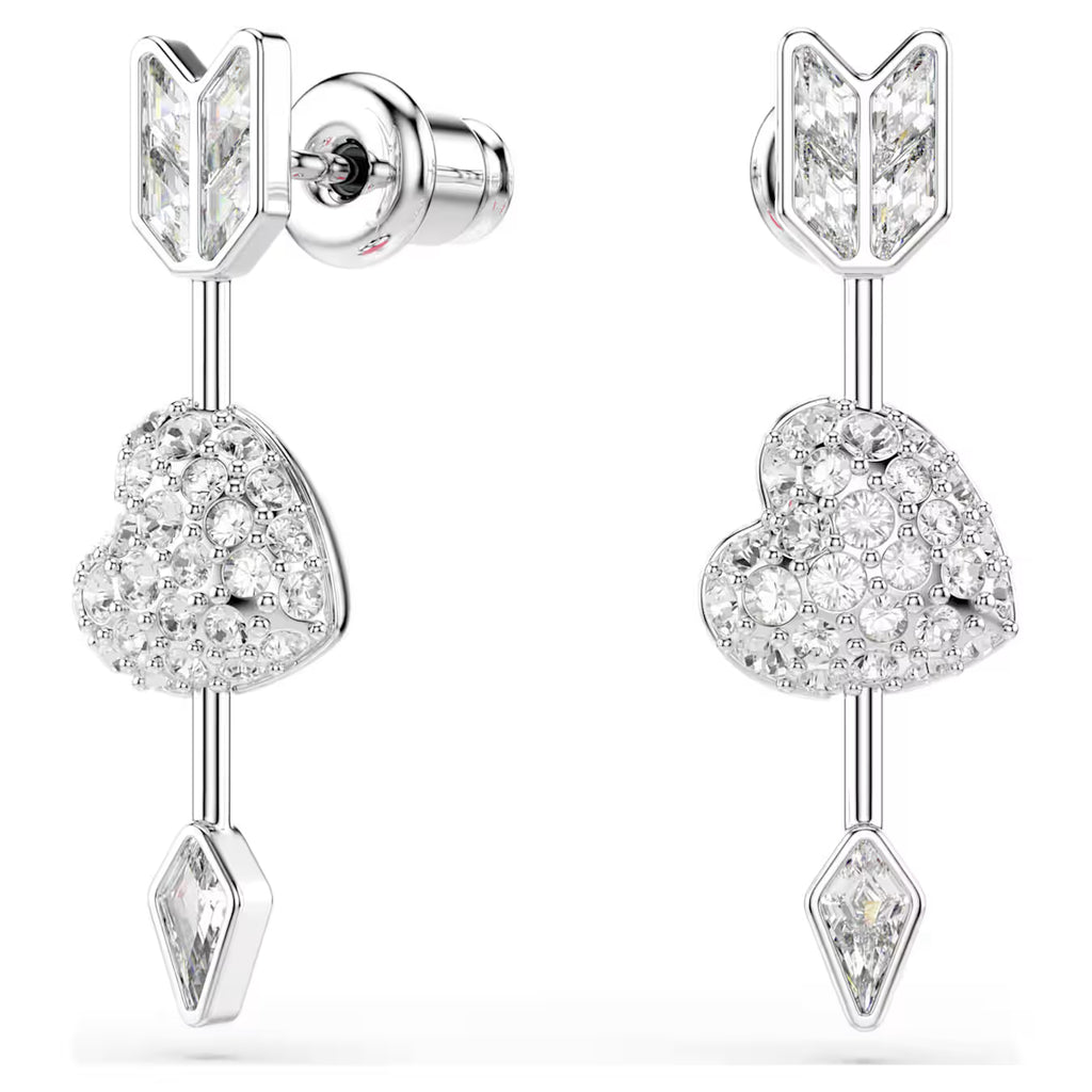 Idyllia drop earrings Mixed cuts, Heart with arrow, White, Rhodium plated 5749602