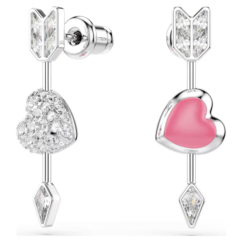 Idyllia drop earrings Mixed cuts, Heart with arrow, White, Rhodium plated 5749602