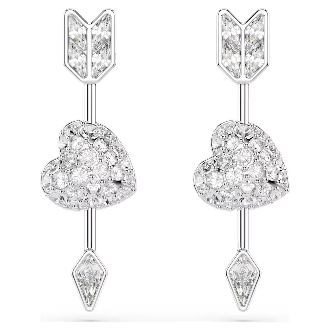 Idyllia drop earrings Mixed cuts, Heart with arrow, White, Rhodium plated 5749602