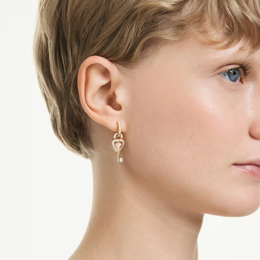 Idyllia drop earrings with ear cuff Mixed cuts, Heart with key, Pink, Gold-tone plated 5737294