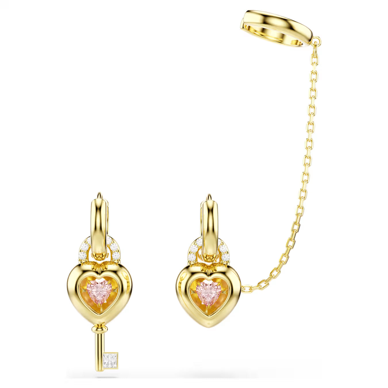 Idyllia drop earrings with ear cuff Mixed cuts, Heart with key, Pink, Gold-tone plated 5737294