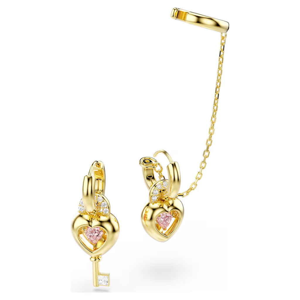 Idyllia drop earrings with ear cuff Mixed cuts, Heart with key, Pink, Gold-tone plated 5737294