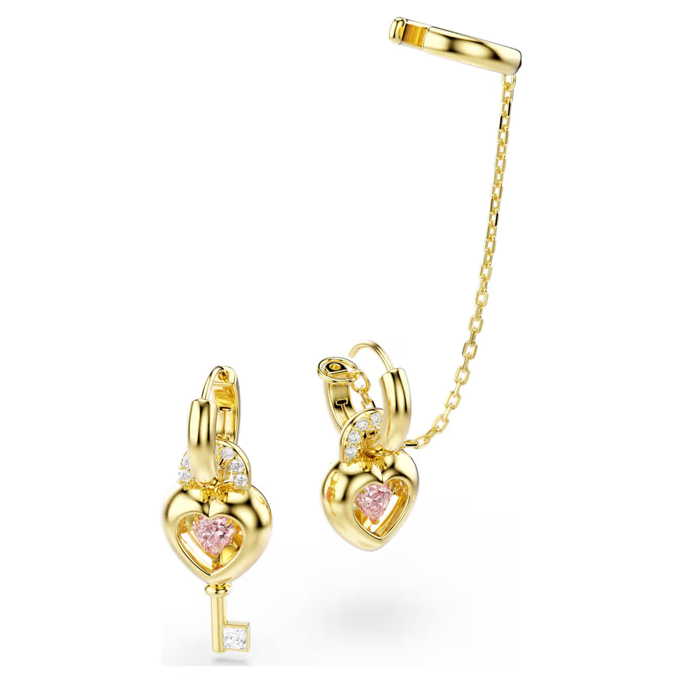Idyllia drop earrings with ear cuff Mixed cuts, Heart with key, Pink, Gold-tone plated 5737294
