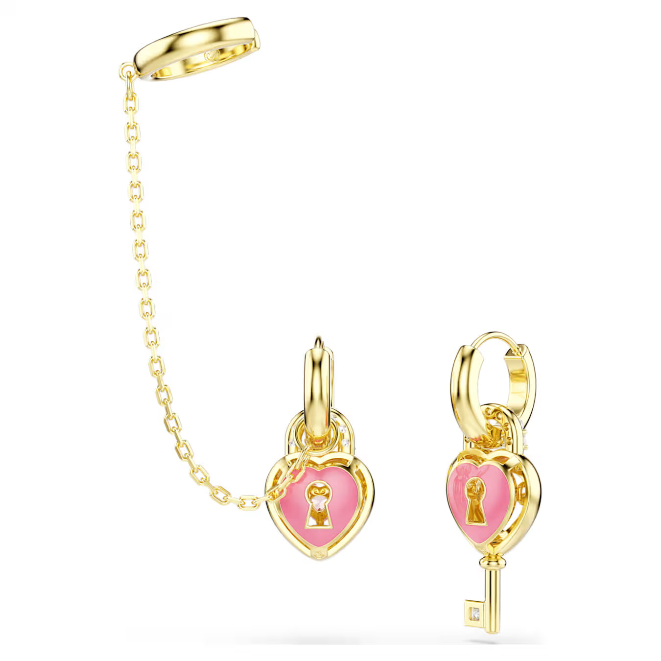 Idyllia drop earrings with ear cuff Mixed cuts, Heart with key, Pink, Gold-tone plated 5737294