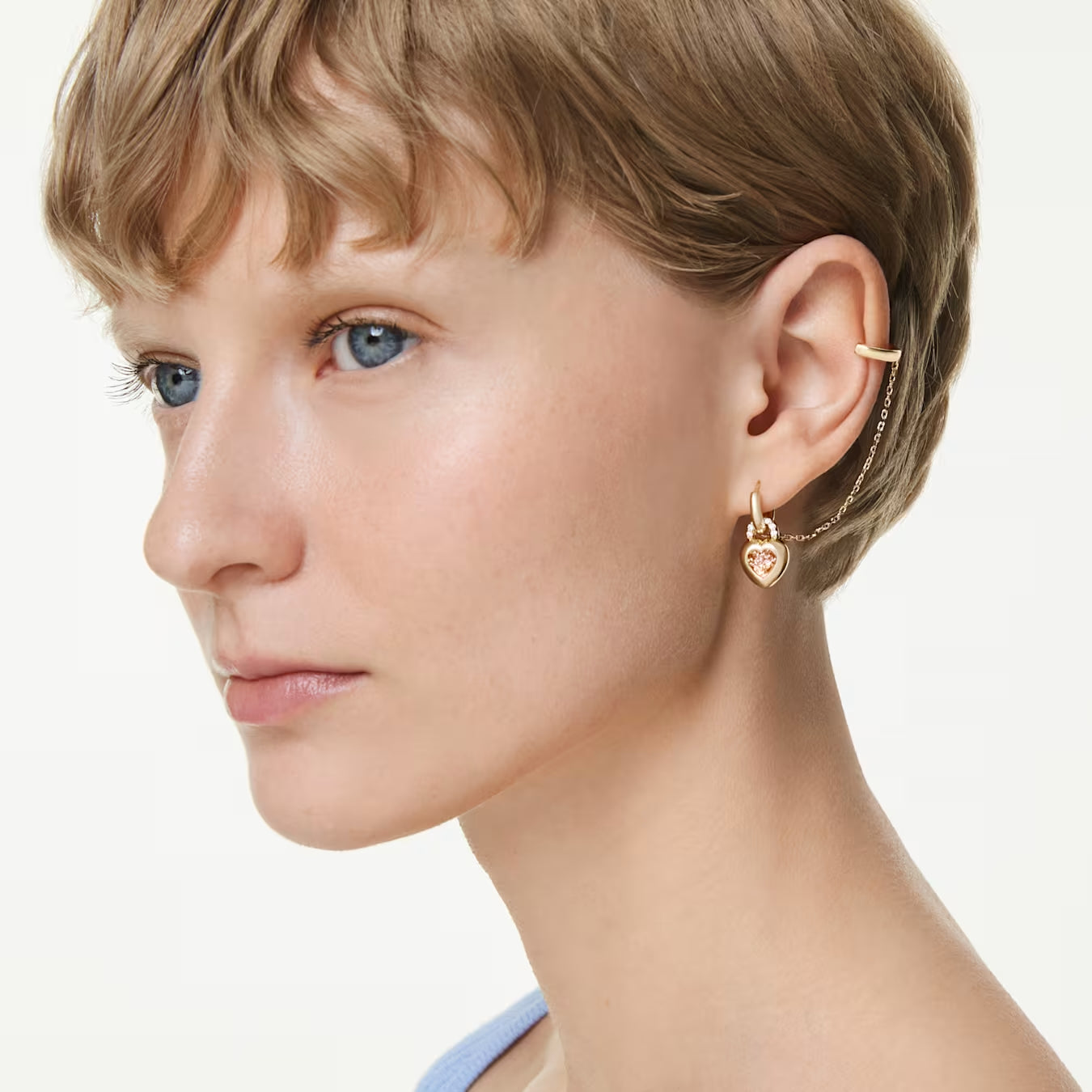 Idyllia drop earrings with ear cuff Mixed cuts, Heart with key, Pink, Gold-tone plated 5737294