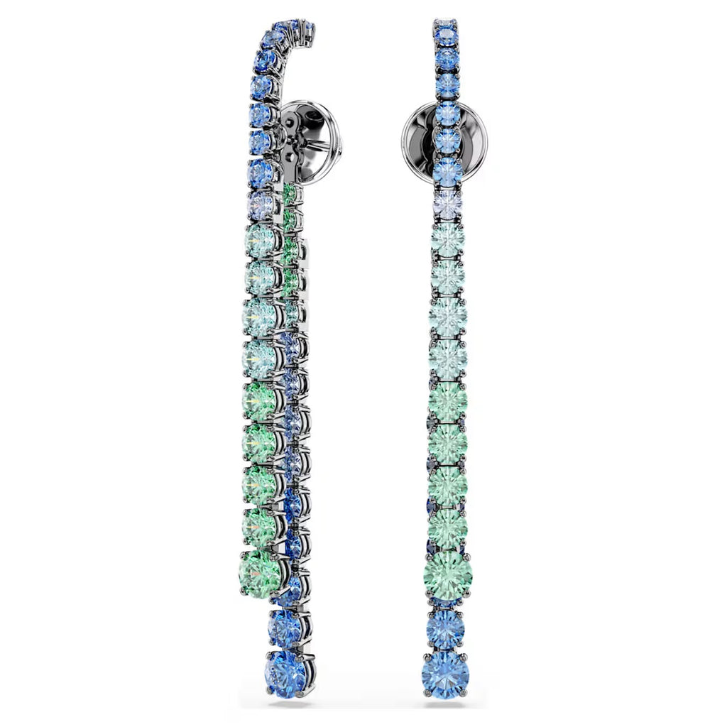Matrix drop earrings Gradient of round cuts, Multicoloured, Ruthenium plated 5741390