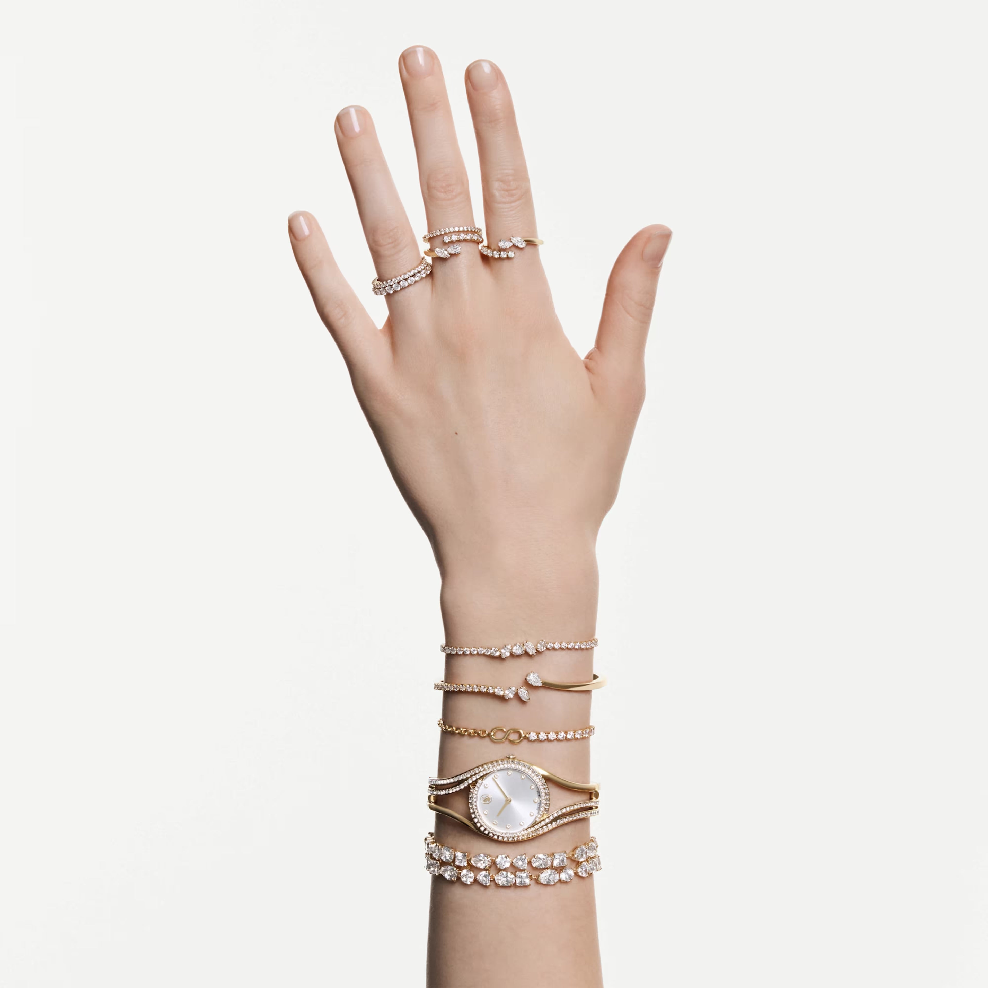 Mesmera Open Bangle (Mixed Cuts, White, 18K Gold Finish, Size L) 5761638