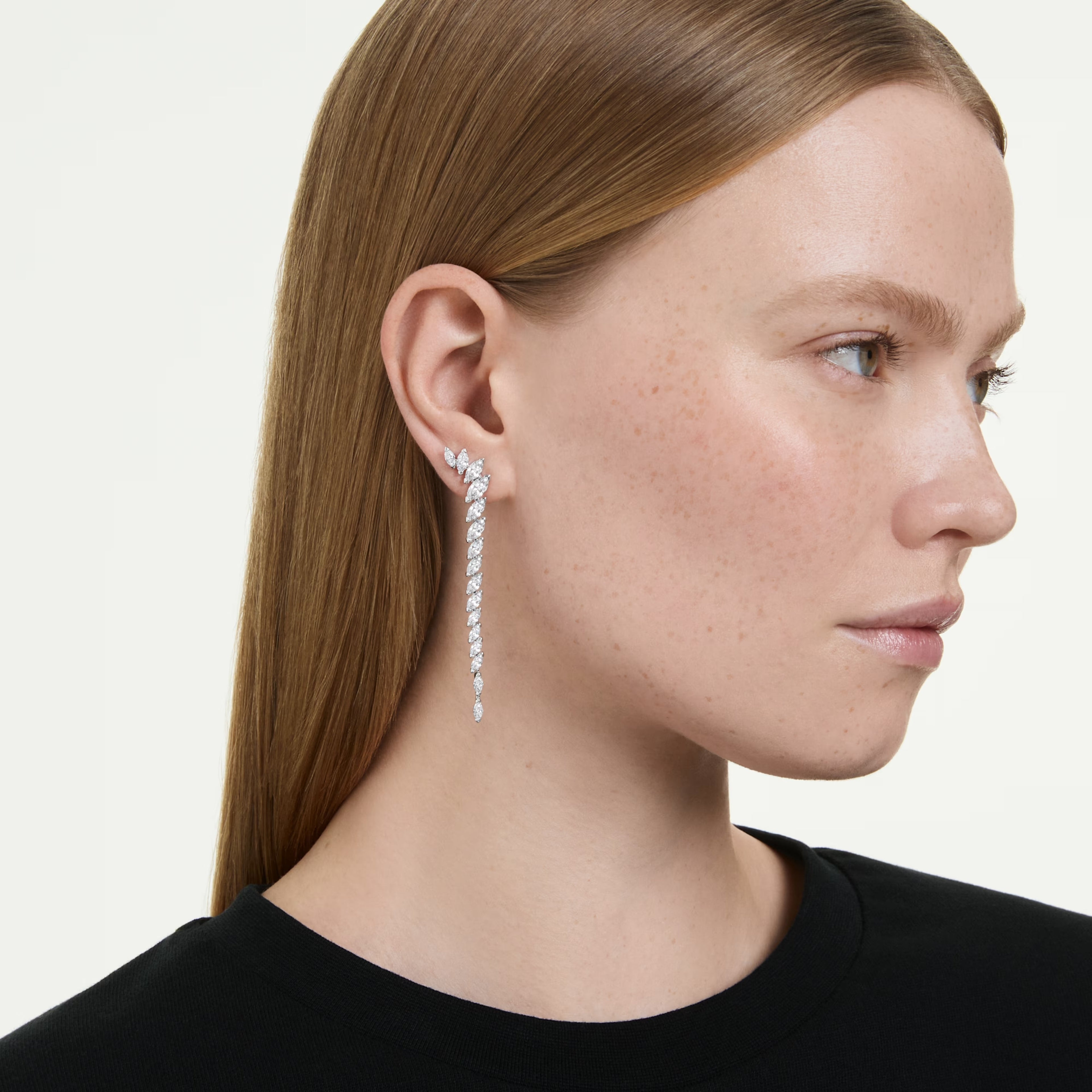 Mesmera Long Drop Earrings (Marquise Cut, White, Rhodium Plated) 5748006