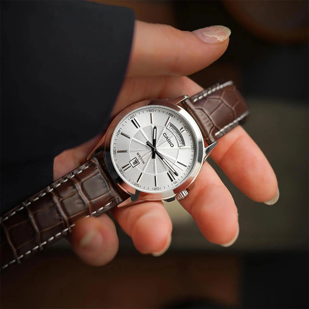 Casio Analogue, Silver Face, Brown Leather Band MTP1381L-7A