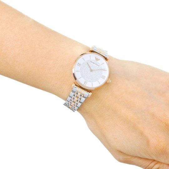 Emporio Armani Gianni T Bar White Dial Two Tone Steel Strap Watch For Women - AR1926