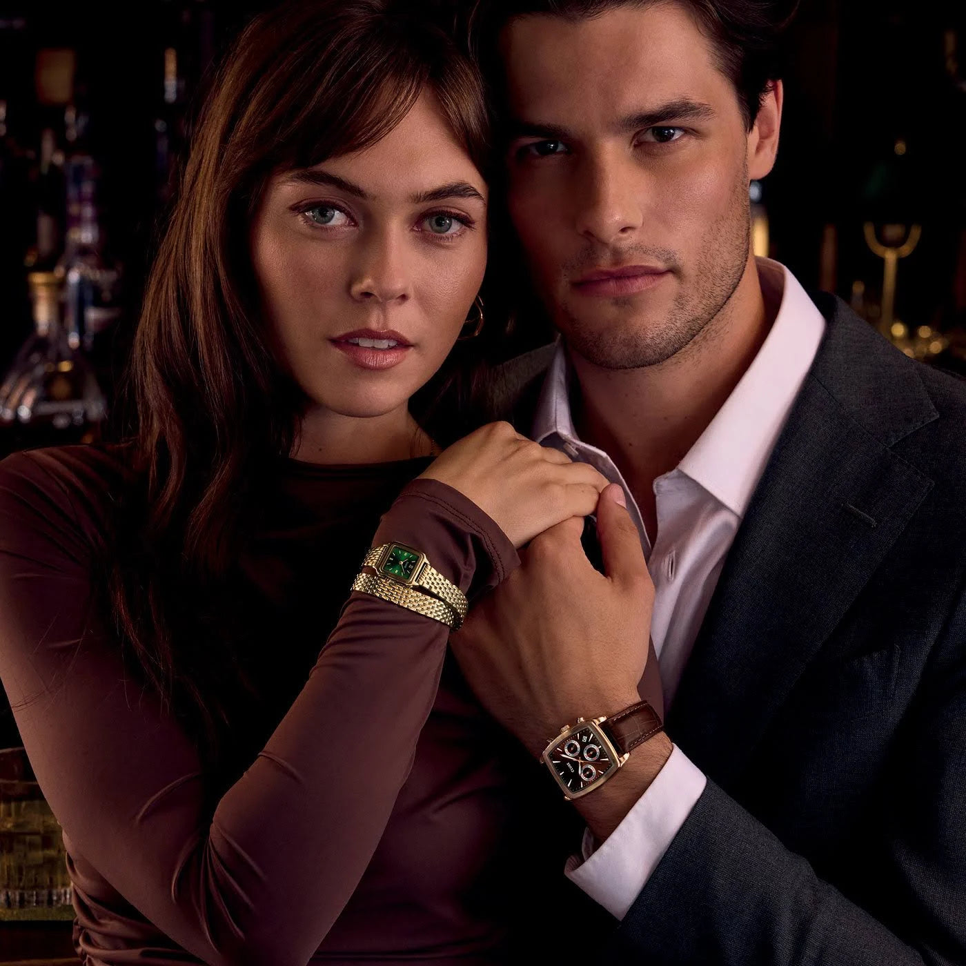 Quartaut Chrono Watch leather, Brown, Rose gold Colour