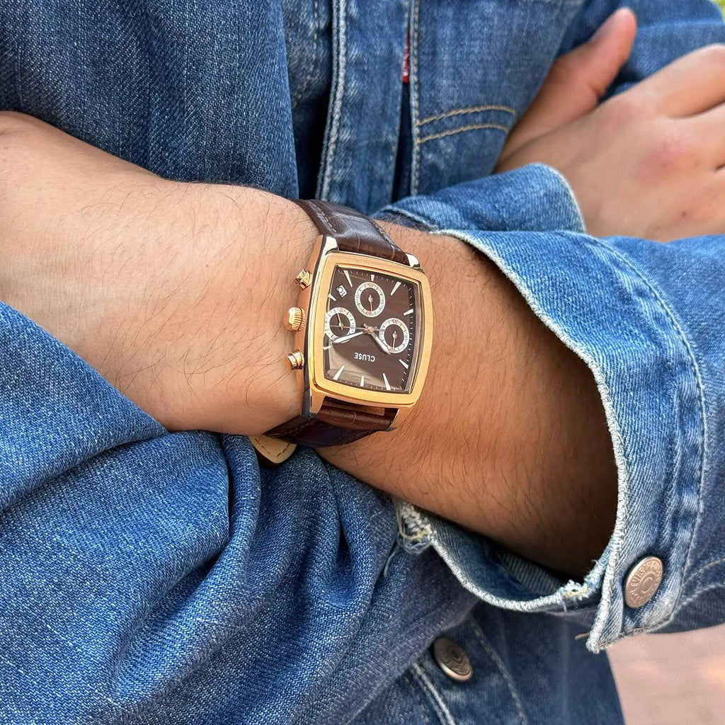 Quartaut Chrono Watch leather, Brown, Rose gold Colour