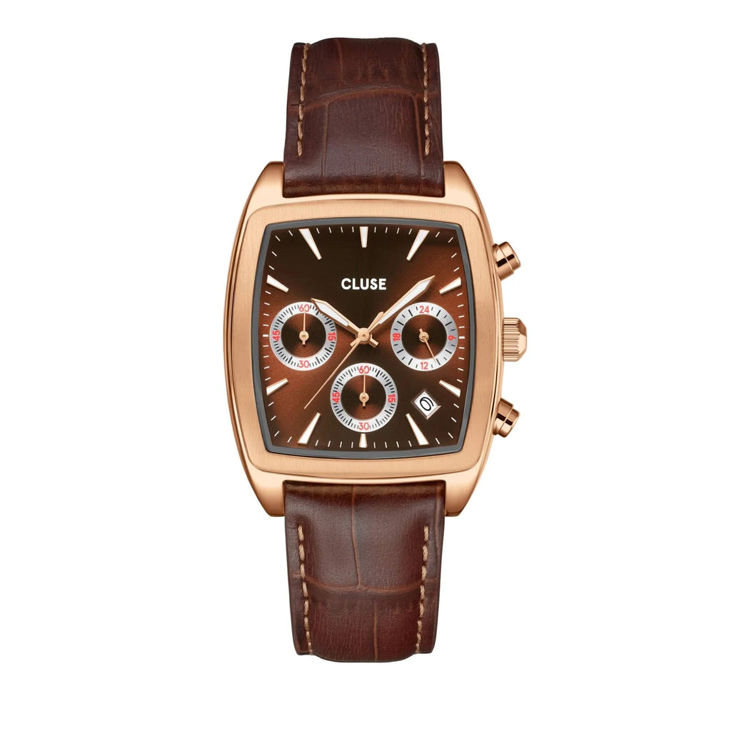 Quartaut Chrono Watch leather, Brown, Rose gold Colour