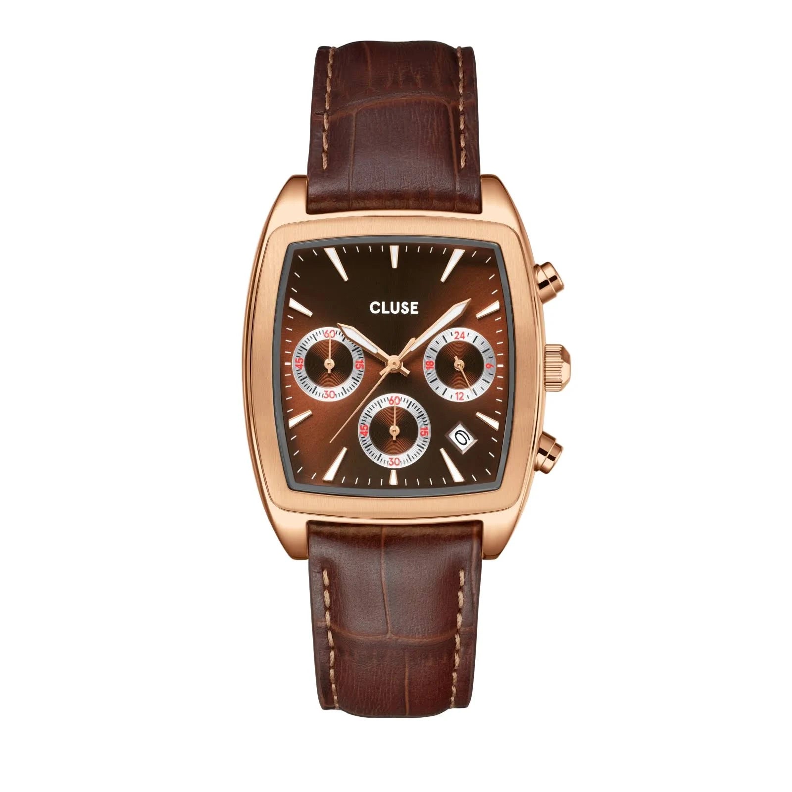 Quartaut Chrono Watch leather, Brown, Rose gold Colour