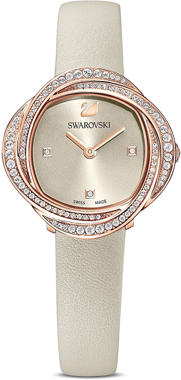 Crystal Flower watch, Swiss Made, Leather strap, Gray, Rose gold-tone finish