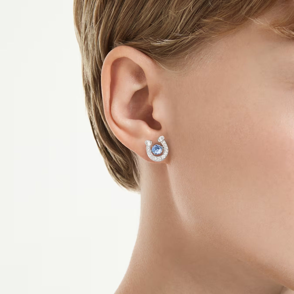 Symbolica stud earrings Round cut, Pavé, Horseshoe, Blue, Rhodium plated 5746563