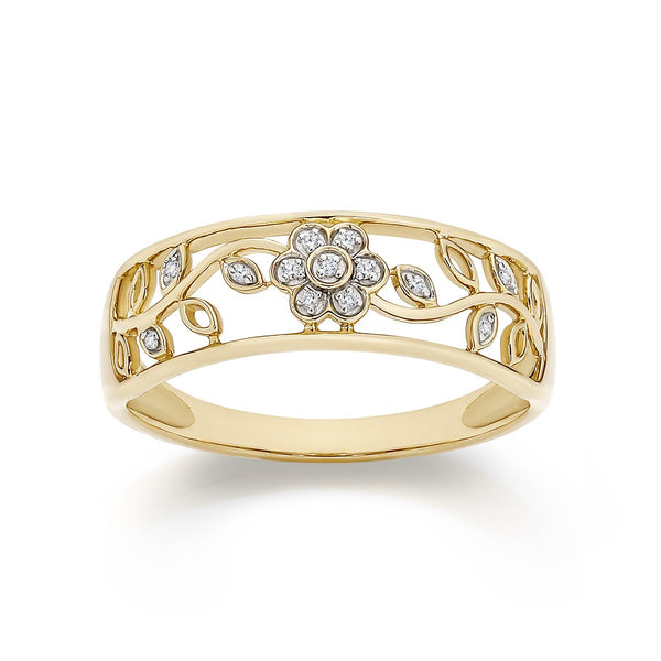 9ct Yellow Gold Diamond Wide Filigree Flower Ring