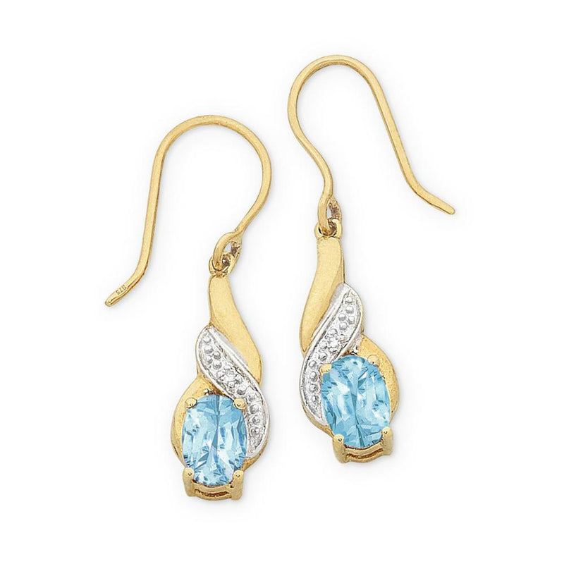 9Ct Gold Blue Topaz & Diamond Drop Earrings