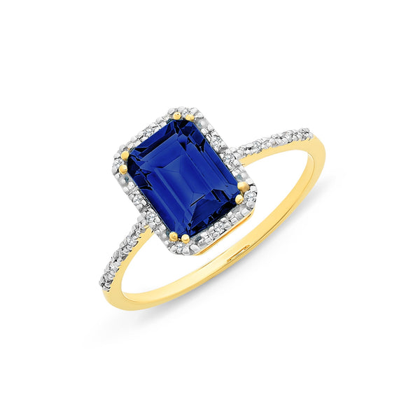 9Ct Gold Created Sapphire & Diamond Ring