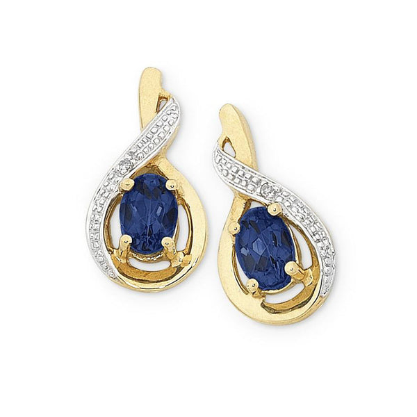 9Ct Gold Created Sapphire & Diamond Earrings