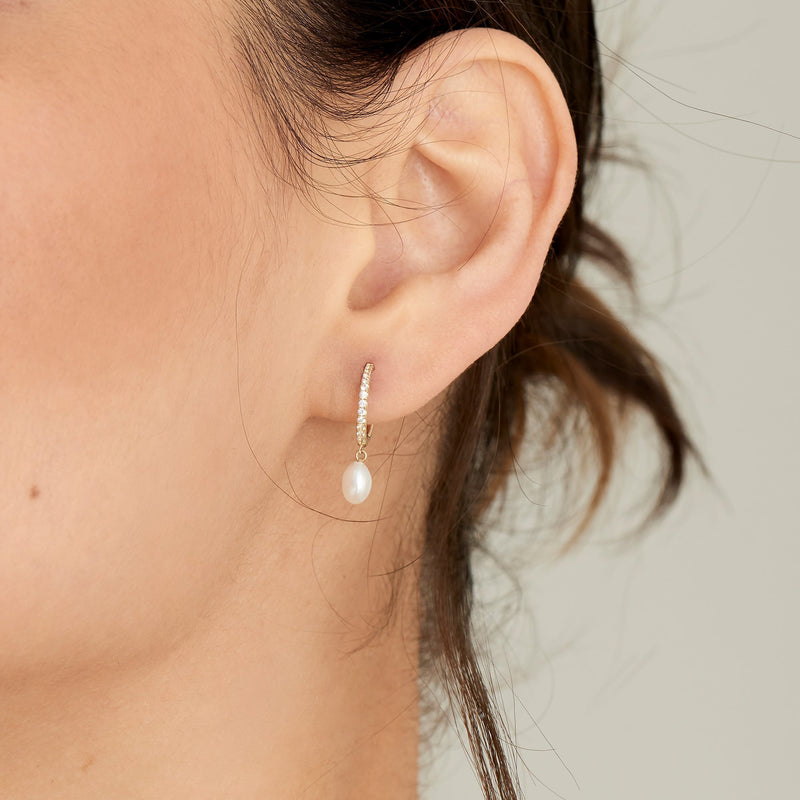 Ania Haie 14kt Gold Pearl Drop and White Sapphire Huggie Hoop Earrings
