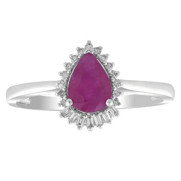 Pear Ruby Ring with 0.08ct Diamonds in 9K White Gold