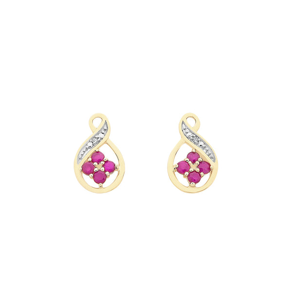 9ct Yellow Gold Natural Ruby & Diamond Stud Earrings