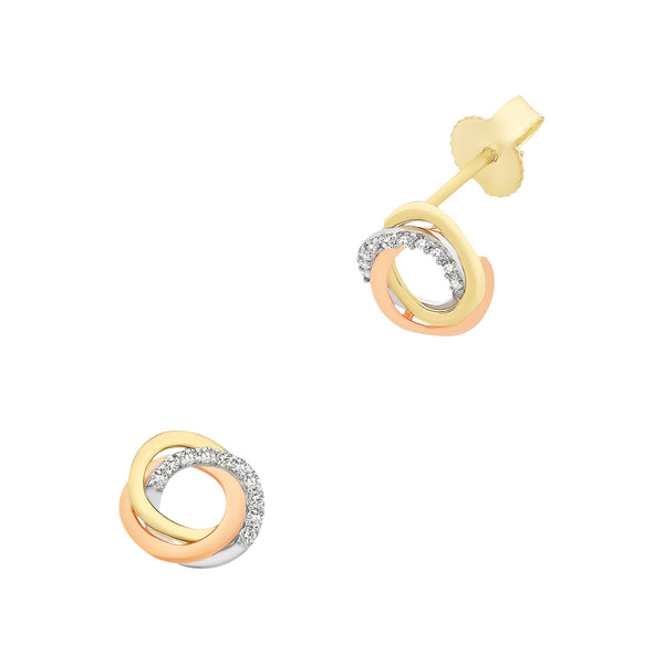 9ct Gold Tri Tone Cubic Zirconia Stud Earrings