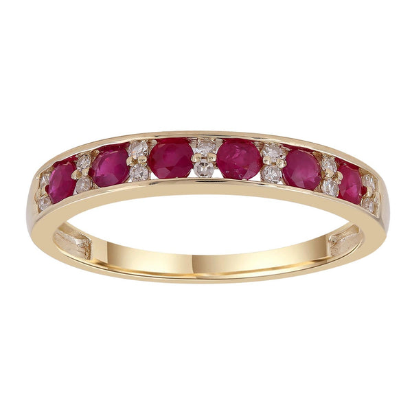 Ruby Band Ring with 0.1ct Diamonds in 9K Yellow Gold