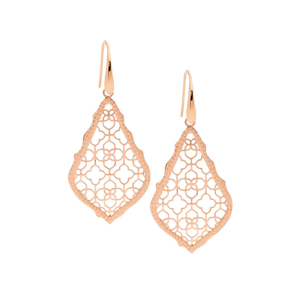 Stainless Steel Open Tear Filigree Earrings with Rose Gold Ip Plating 
