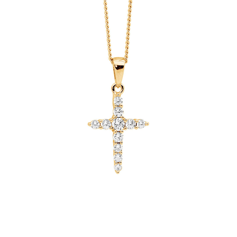 Sterling Silver Cubic Zirconia 15mm Cross Silver Pendant with Gold Plating 