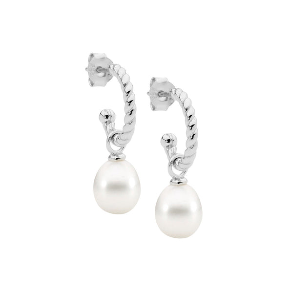 Sterling Silver Hoop Earrings with Pearl Drop 