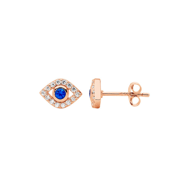 Sterling Silver Cubic Zirconia Bezel Set Evil Eye Earrings with Rose Gold Plating