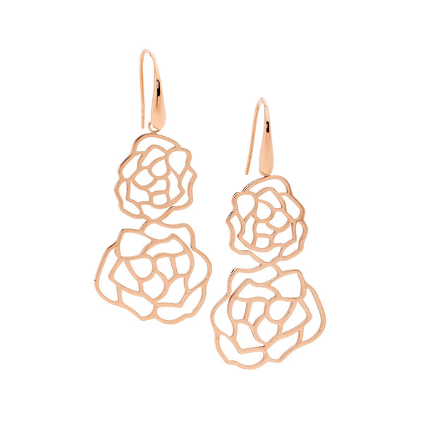 Stainless Steel Double Flower Earrings with Rose Gold IP Plating 