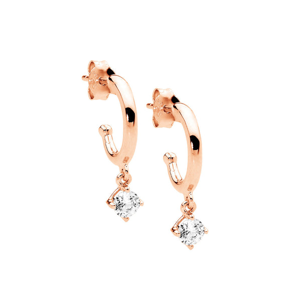 Sterling Silver Hoop Earrings with Cubic Zirconia Claw Set Drop and Rose Gold Plating 