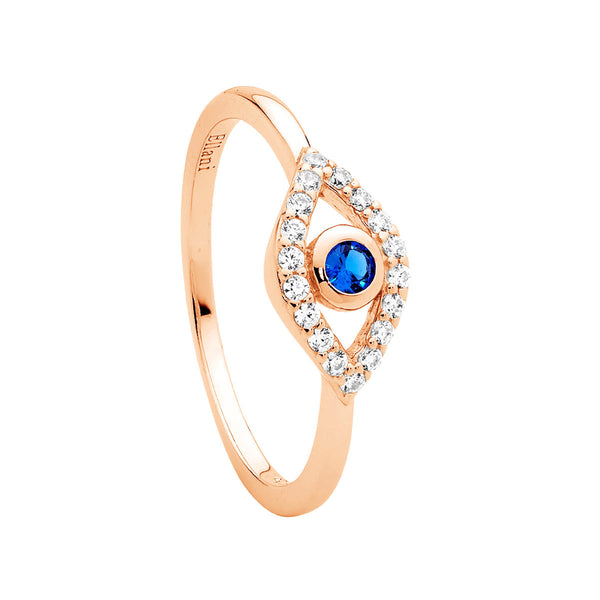 Sterling Silver & Cubic Zirconia Bezel Set Evil Eye Ring with Rose Gold Plating 