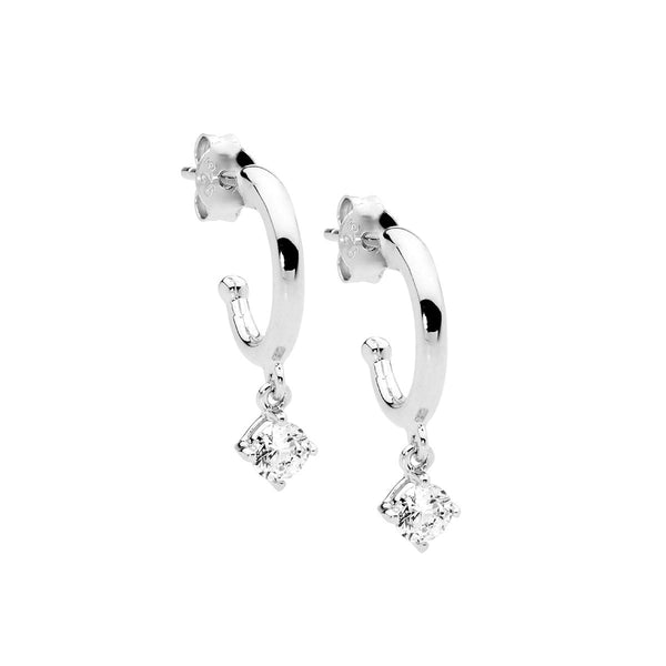 Sterling Silver Hoop Earrings with Cubic Zirconia Claw Set Drop 