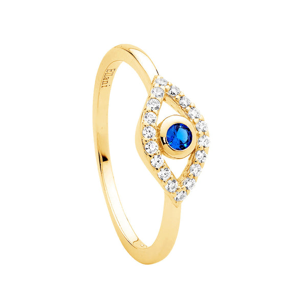 Sterling Silver & Cubic Zirconia Bezel Set Evil Eye Ring with Gold Plating 