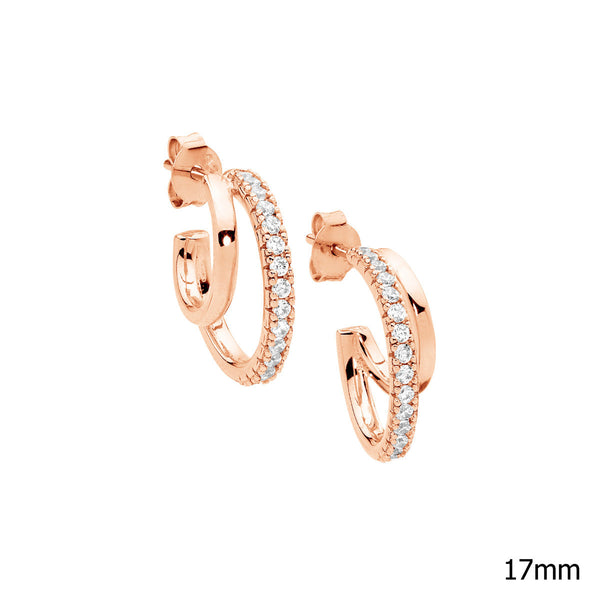 Sterling Silver Cubic zirconia Double Hoop Earrings with Rose Gold Plating 