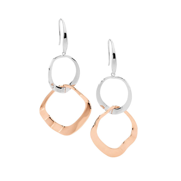 Stainless Steel Double Wave Open Circle Earrings with 2-Tone Rose Gold IP Plating 