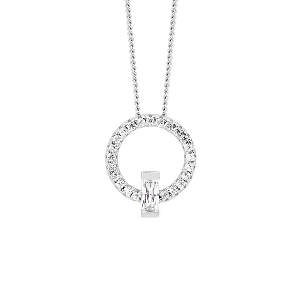 Sterling Silver Cubic Zirconia Open Circle Pendant with Baguette Cubic Zirconia 